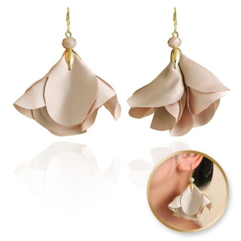 Kolczyki wiszące, efektowne materiałowe kwiaty, koraliki K1703