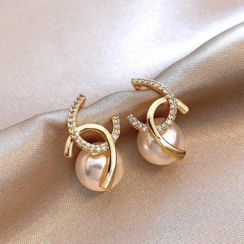 Kolczyki ze stali szlachetnej pozłacane 14k złotem, cyrkonie, perły KST3515