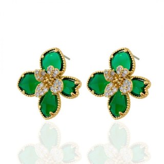 Kolczyki ze stali szlachetnej pozłacane 14k złotem, cyrkonie zielone kwiaty KST3472