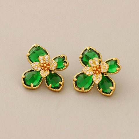 Kolczyki ze stali szlachetnej pozłacane 14k złotem, cyrkonie zielone kwiaty KST3472