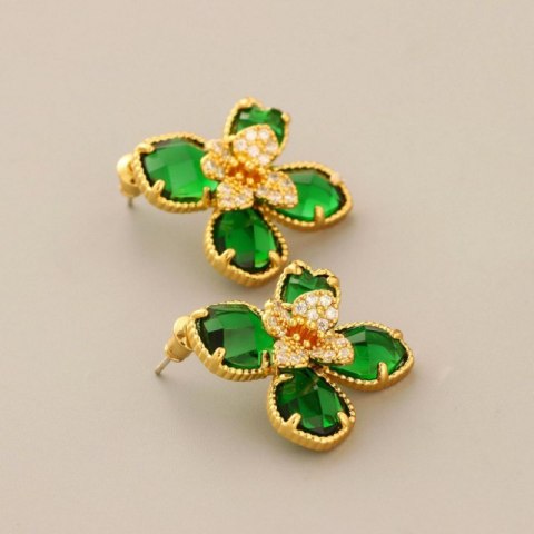 Kolczyki ze stali szlachetnej pozłacane 14k złotem, cyrkonie zielone kwiaty KST3472