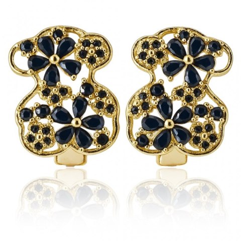 Kolczyki ze stali szlachetnej pozłacane 14k złotem, miś z czarną cyrkonią KST3535