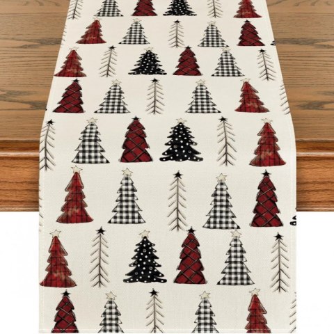 Lniany bieżnik na stół bożonarodzeniowy, czerwone choinki 180 x 33cm BZK08