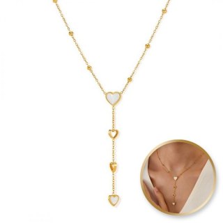 Naszyjnik stal szlachetna pozłacana 14k złotem, zwisający, serca masa perłowa NST2151