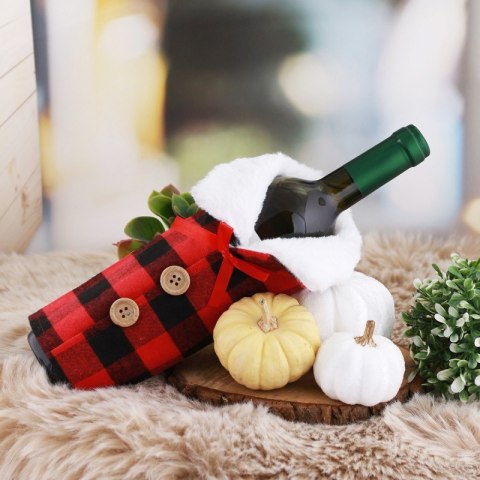 Pokrowiec na butelkę, wino Boże Narodzenie czerwono - czarna krata KSN12