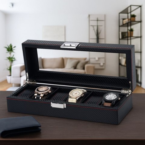 Szkatułka pudełko na zegarki 6szt, etui, Karbon czarny, czerwone przeszycia, szkło PD59
