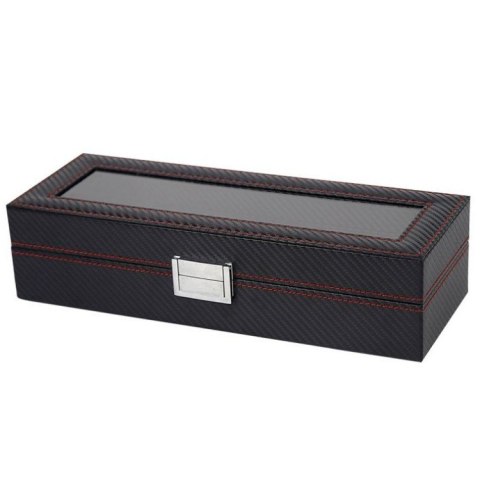 Szkatułka pudełko na zegarki 6szt, etui, Karbon czarny, czerwone przeszycia, szkło PD59