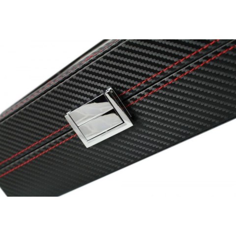 Szkatułka pudełko na zegarki 6szt, etui, Karbon czarny, czerwone przeszycia, szkło PD59