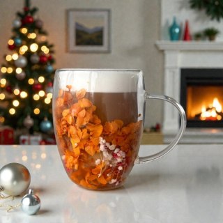 Szklanka termiczna z kwiatami w środku, gipsówka, hortensje, pomarańczowy róż 300 ml 1szt SZK196