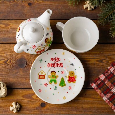 ZESTAW ŚWIĄTECZNY - dzbanek z filiżanką i talerzykiem w ozdobnym pudełku KB26