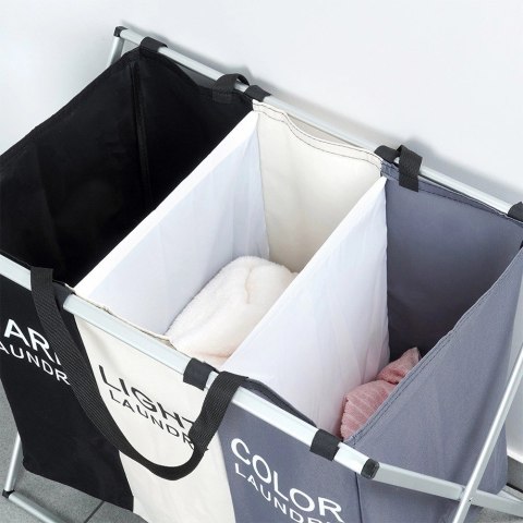 Kosz na Pranie Składany Trzykomorowy Pojemny Wytrzymały VILDE 62x37,5x56cm