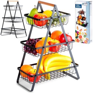 Koszyk na Owoce Warzywa 3-poziomowy Metalowy Czarny VILDE 34x17,5x46,5 cm