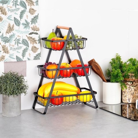 Koszyk na Owoce Warzywa 3-poziomowy Metalowy Czarny VILDE 34x17,5x46,5 cm