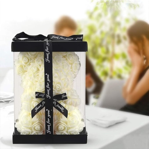 25cm Sztuczny Miś Kwiat Róży z Pudełkiem Romantyczny Prezent Walentynkowy Dziewczyna Kobiety Rocznica Ślub Materiały Imprezowe