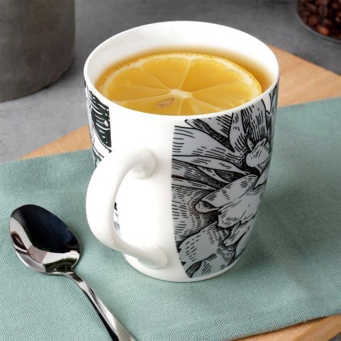 Kubek Porcelanowy 380 ml NAVA Biały Czarne Kwiaty do Zmywarki Mikrofali