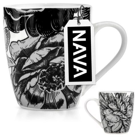 Kubek Porcelanowy 380 ml NAVA Biały Czarne Kwiaty do Zmywarki Mikrofali