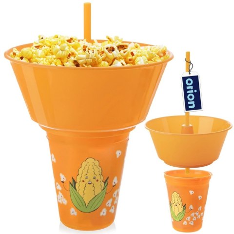 Kubek z Miską na Popcorn 500 ml 1 L ORION Pomarańczowy ze Słomką