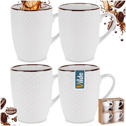 Kubki Ceramiczne Białe do Kawy Herbaty Zestaw Ozdobny VILDE 400 ml 4 szt.