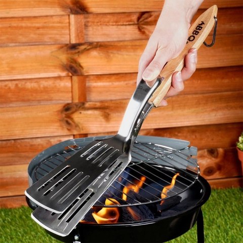 Łopatka do Grilla ze Szczypcami 2w1 Stalowa 40 cm Drewniana Rączka BBQ