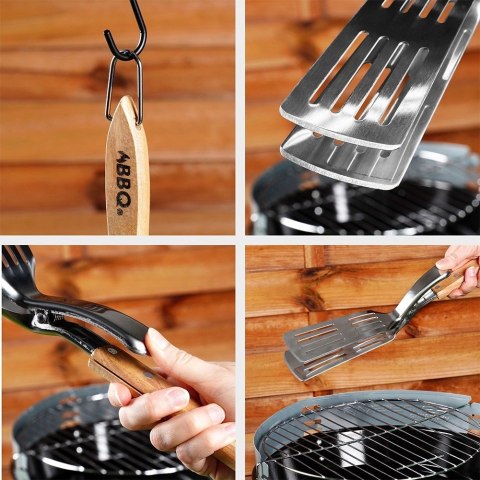 Łopatka do Grilla ze Szczypcami 2w1 Stalowa 40 cm Drewniana Rączka BBQ