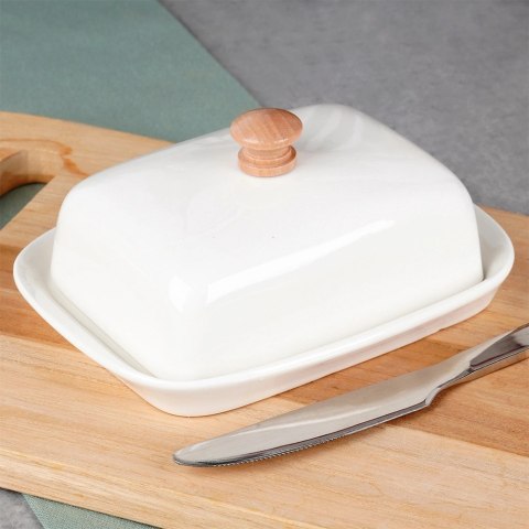 Maselniczka z Pokrywką Pojemnik na Masło Biały Ceramiczny VILDE 16x12,5 cm