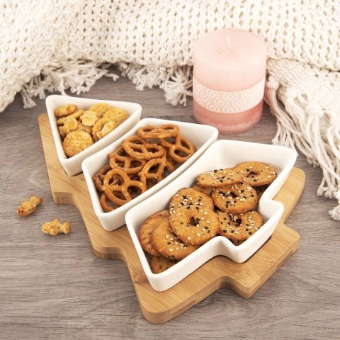 Miseczki z Tacą na Przekąski Dipy Choinka Porcelanowe Białe ORION 28 cm