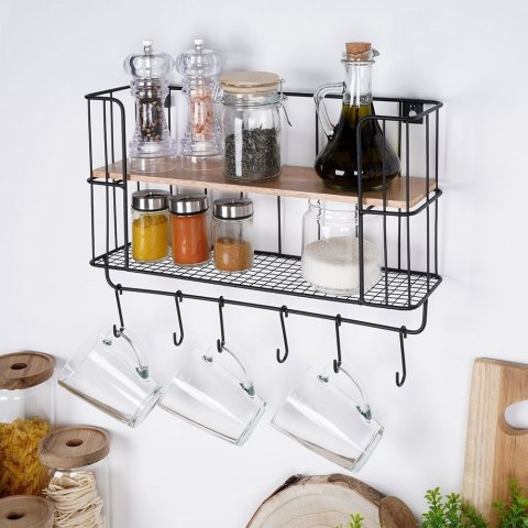 Półka Kuchenna z Wieszakami Metalowa Loft Czarna VILDE 41 x 12 x 25,5 cm