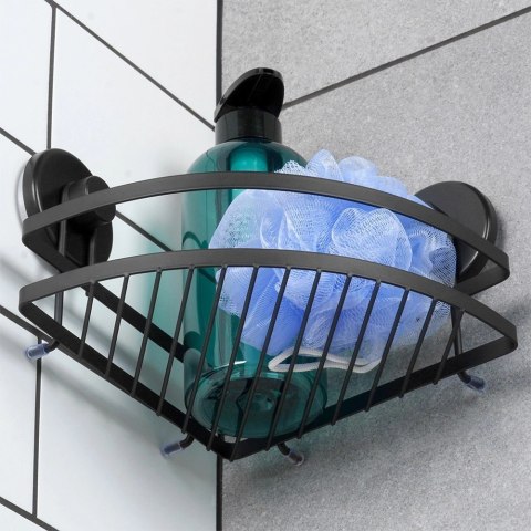 Półka pod prysznic metalowa czarna na przyssawki narożna 24x18x12,5 cm