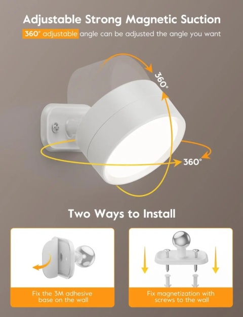 Magnetyczne kinkiety ścienne LED, ładowalne, ściemnialne lampy ścienne z pilotem, 360 ° Obrotowa lampa ścienna do sypialni