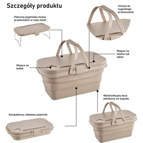 Uniwersalny składany kosz piknikowy 3w1, stolik, pojemnik KP03SZ