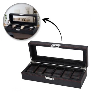 Szkatułka pudełko na zegarki 6szt, etui, Karbon czarny, czerwone przeszycia, szkło PD59