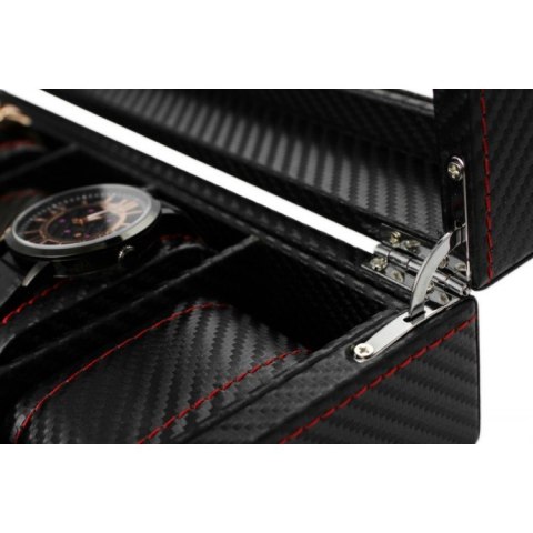 Szkatułka pudełko na zegarki 6szt, etui, Karbon czarny, czerwone przeszycia, szkło PD59