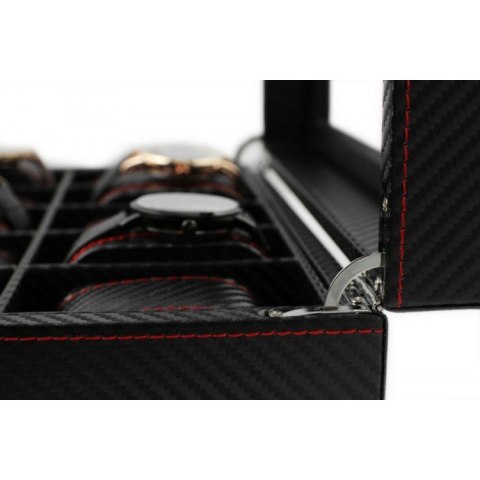 Szkatułka pudełko na zegarki 6szt, etui, Karbon czarny, czerwone przeszycia, szkło PD59