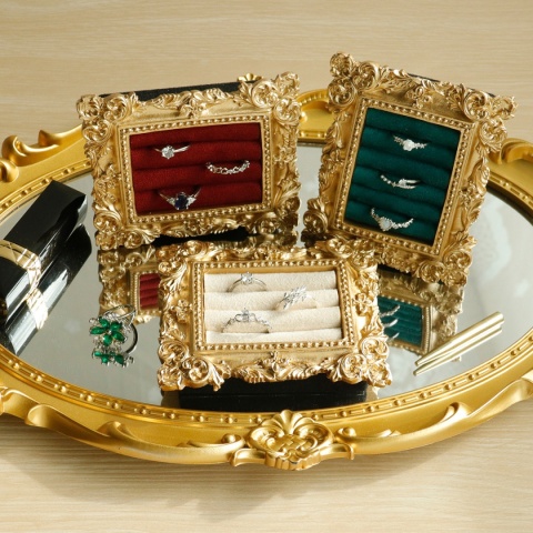 Stojak na pierścionki w stylu vintage, złoty, zamszowa taca na kolczyki, barokowy design, prezenty ślubne i urodzinowe