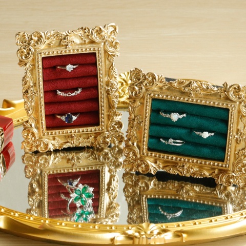 Stojak na pierścionki w stylu vintage, złoty, zamszowa taca na kolczyki, barokowy design, prezenty ślubne i urodzinowe,