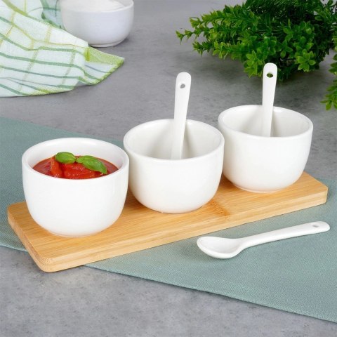 Miseczki na Przekąski 90 ml 3 szt z Łyżeczkami na Tacy Bambusowej VILDE