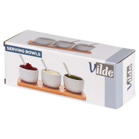 Miseczki na Przekąski 90 ml 3 szt z Łyżeczkami na Tacy Bambusowej VILDE