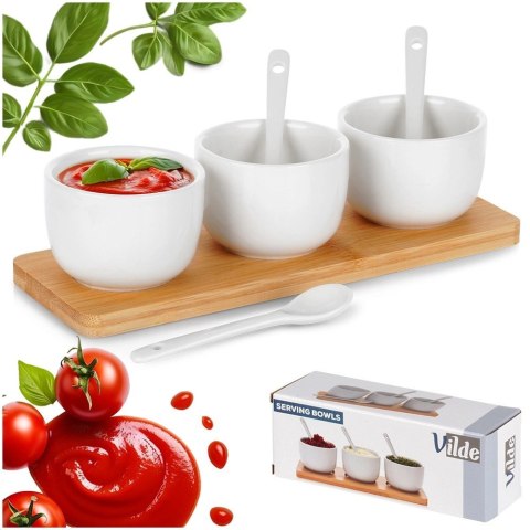 Miseczki na Przekąski 90 ml 3 szt z Łyżeczkami na Tacy Bambusowej VILDE