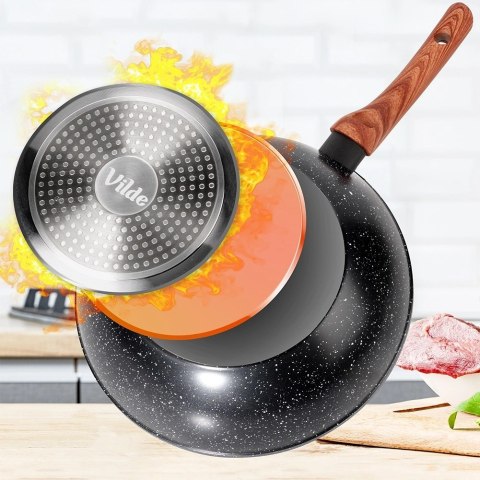 Patelnia Wok Granitowa 28 cm VILDE Black&Wood Nieprzywierająca Indukcja