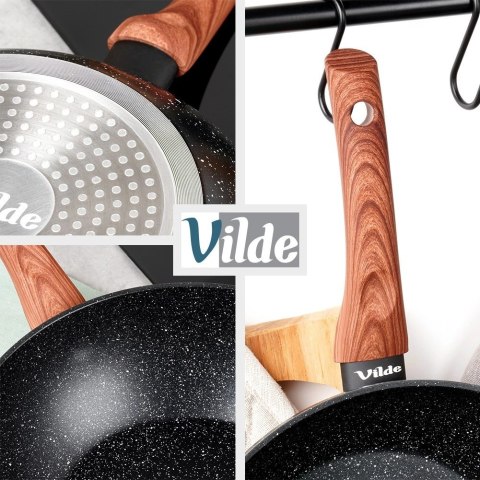 Patelnia Wok Granitowa 28 cm VILDE Black&Wood Nieprzywierająca Indukcja