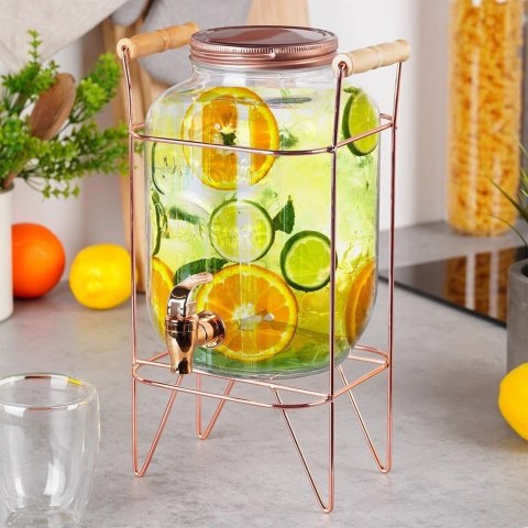 Słój Dozownik do Napojów z Kranikiem Złotym Stojakiem Szklany VILDE 4,2 L