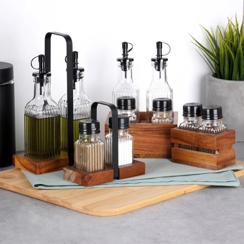 Solniczka Pieprzniczka Ryflowana Drewniany Stojak Brąz 60 ml VILDE