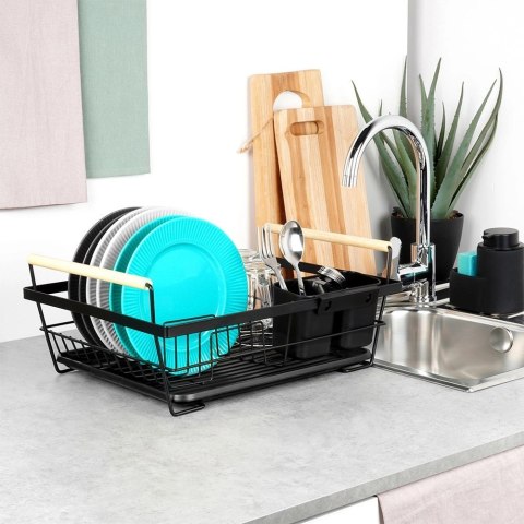 Suszarka na Naczynia Czarna Metal z Drewnianymi Uchwytami 45 cm VILDE