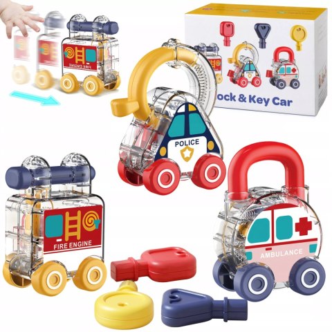 Zestaw 3 samochodzików Montessori kłódka klucze edukacyjna dla dzieci 18m+