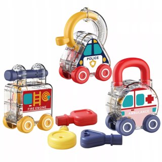 Zestaw 3 samochodzików Montessori kłódka klucze edukacyjna dla dzieci 18m+