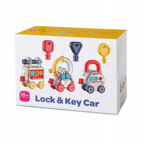 Zestaw 3 samochodzików Montessori kłódka klucze edukacyjna dla dzieci 18m+