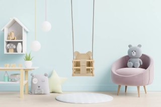 Huśtawka kubełkowa welurowa drewniana miś beżowa HWMB6436