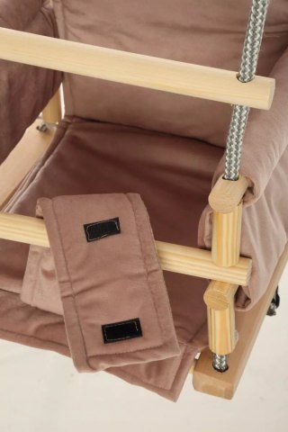 Huśtawka kubełkowa welurowa drewniana miś różowa HWMR6429